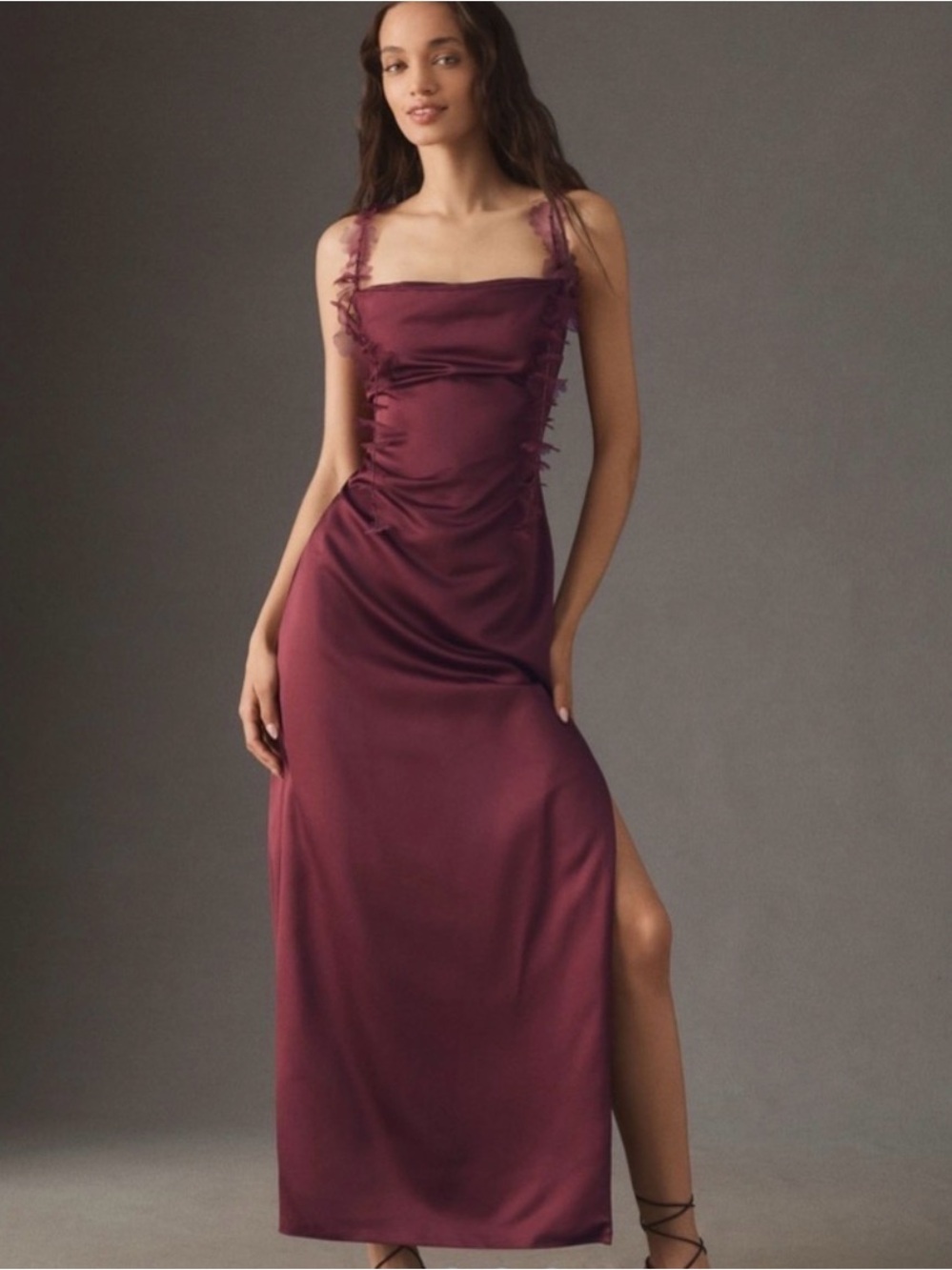Anthropologie bridesmaid BHLDN Arabella Tendril-Sleeve Satin Maxi Dress